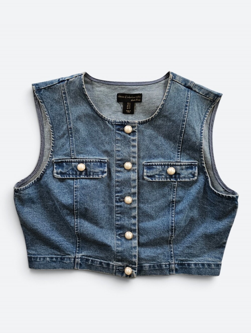 House of Harlow 1960 Cropped Sleeveless Pearl Accent Button Up Denim Jean Vest 8